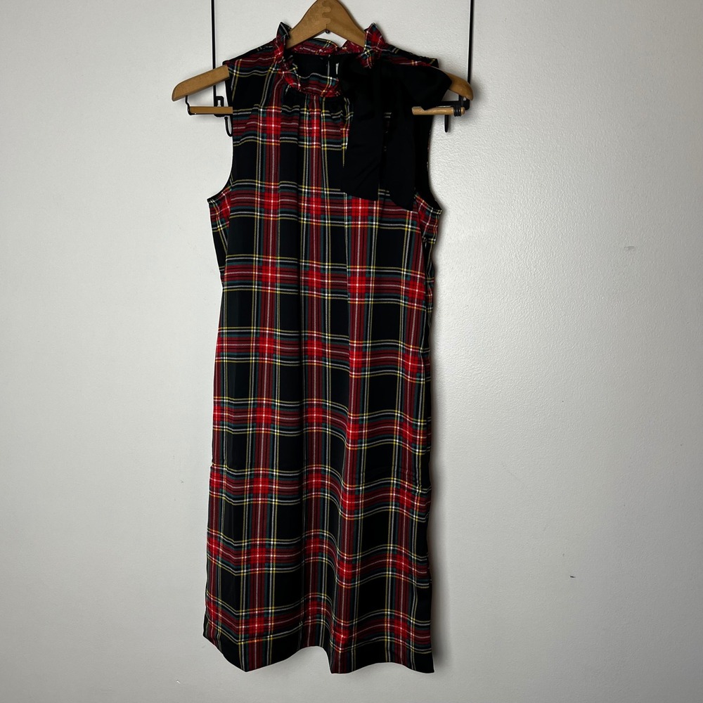NWT J.Crew Black Stewart Plaid Sleeveless Ruffle Neck Bow Shift Dress Size 2
